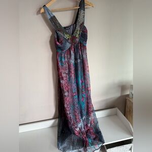 Azara Floral Abstract Beaded Maxi Dress Pink Teal Grey Boho Embellished Bodice